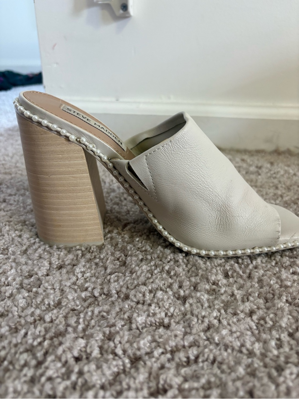 Steve Madden Cream Pearl-Trim Stacked Block Heel Mule